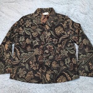 Robyn Faune Jacket Womens M Green Floral Button Up Preppy Casual Comfort